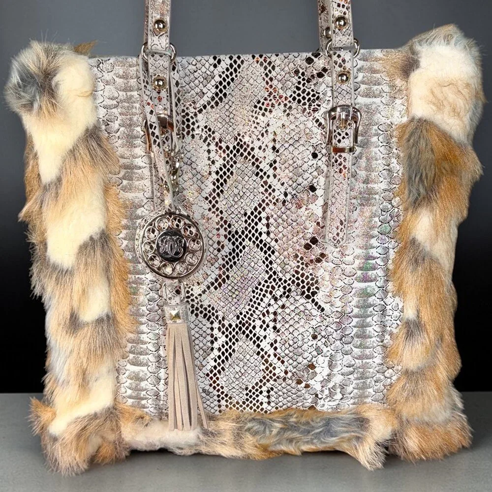 Sharif Studio Rare Snake Embossed Leather & Faux Fur Trimmed Shoulder Tote Bag